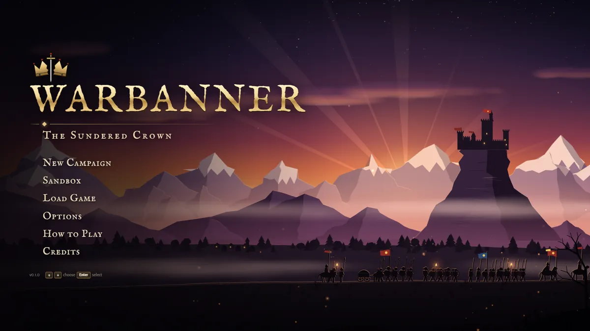 Warbanner title screen: a castle on a mountain at sunset, an army marching below